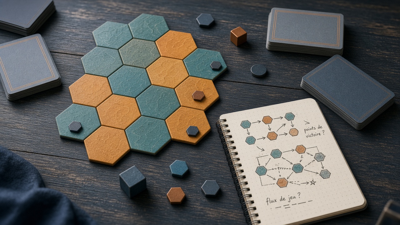 Plateau de jeu, tuiles et cartes sur une table de travail